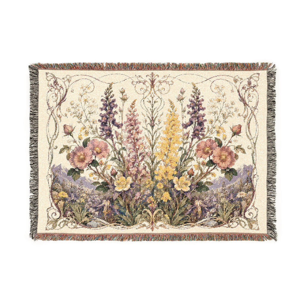 Floral Tapestry Woven Throw Blanket — Vintage Garden Needlepoint Design