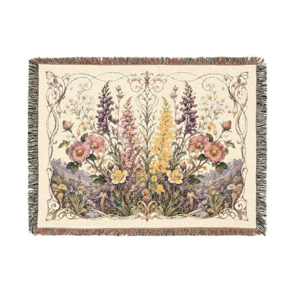 Floral Tapestry Woven Throw Blanket — Vintage Garden Needlepoint Design