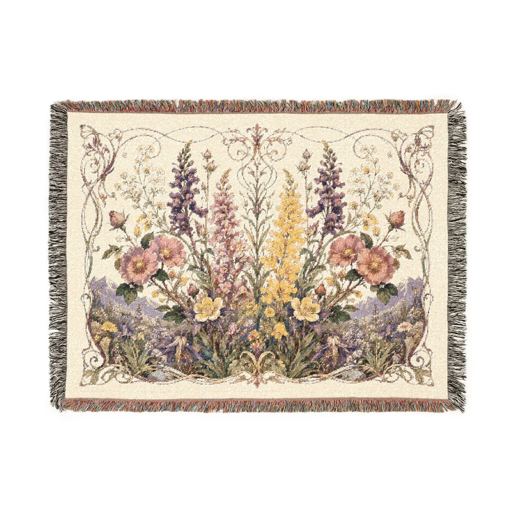 Floral Tapestry Woven Throw Blanket — Vintage Garden Needlepoint Design