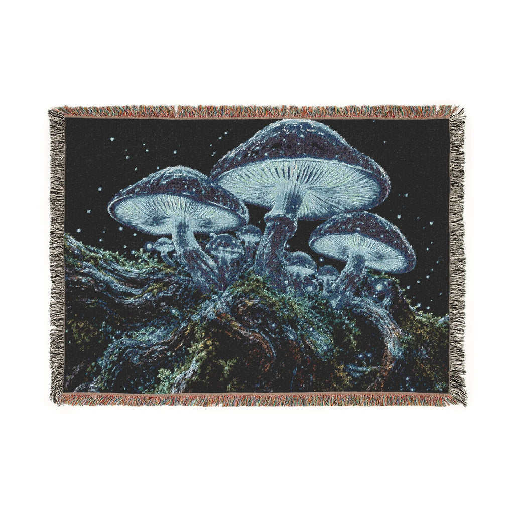 Psychedelic Mushroom Night Woven Blanket — Boho Cosmic Throw for Dorm, Couch & Gifts