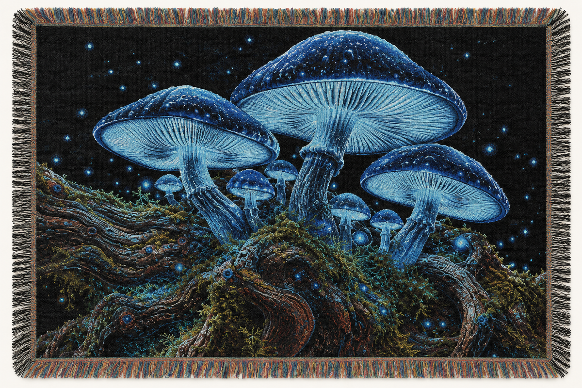 Psychedelic Mushroom Night Woven Blanket —  Cosmic Throw for Dorm, Couch & Gifts