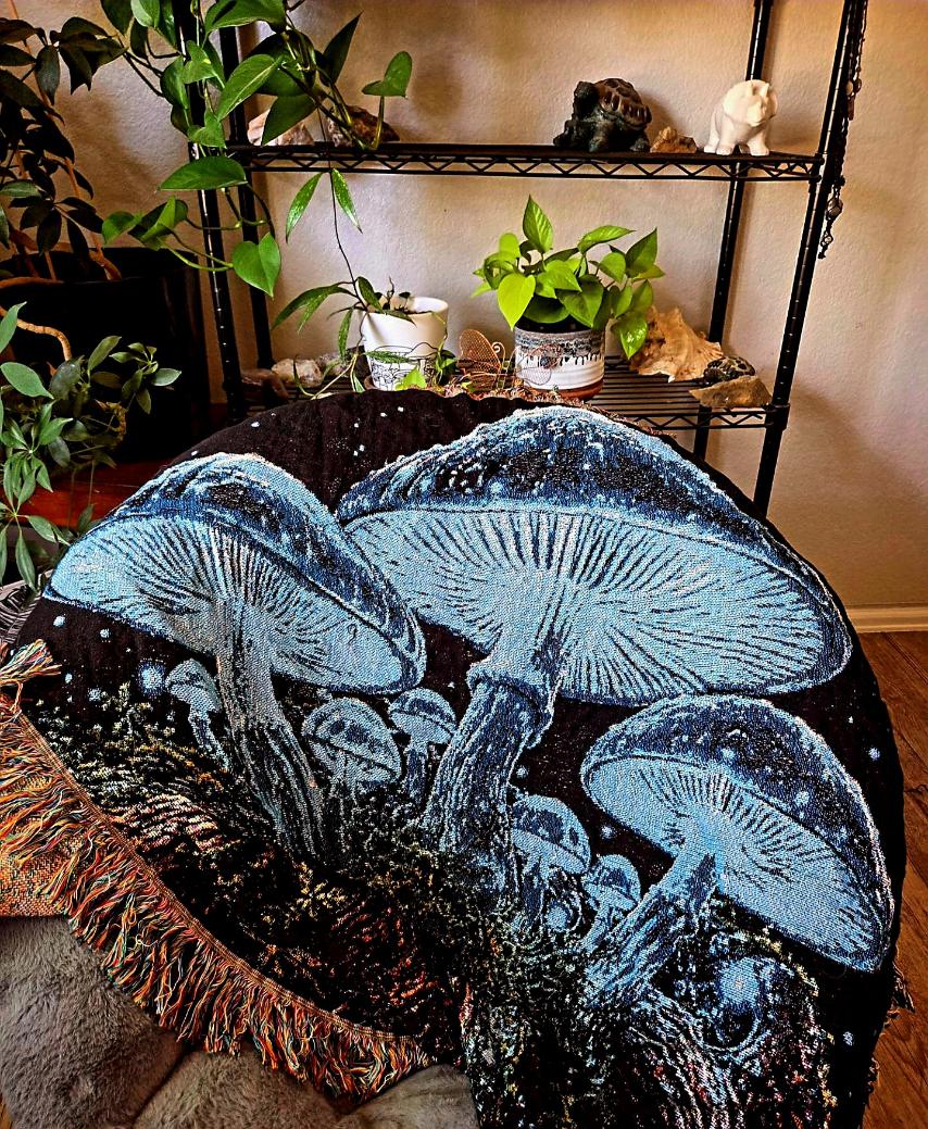 Psychedelic Mushroom Night Woven Blanket —  Cosmic Throw for Dorm, Couch & Gifts