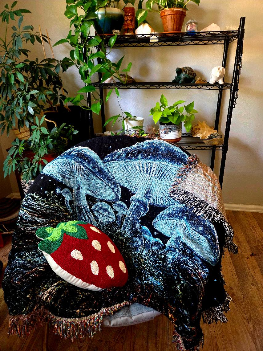 Psychedelic Mushroom Night Woven Blanket —  Cosmic Throw for Dorm, Couch & Gifts
