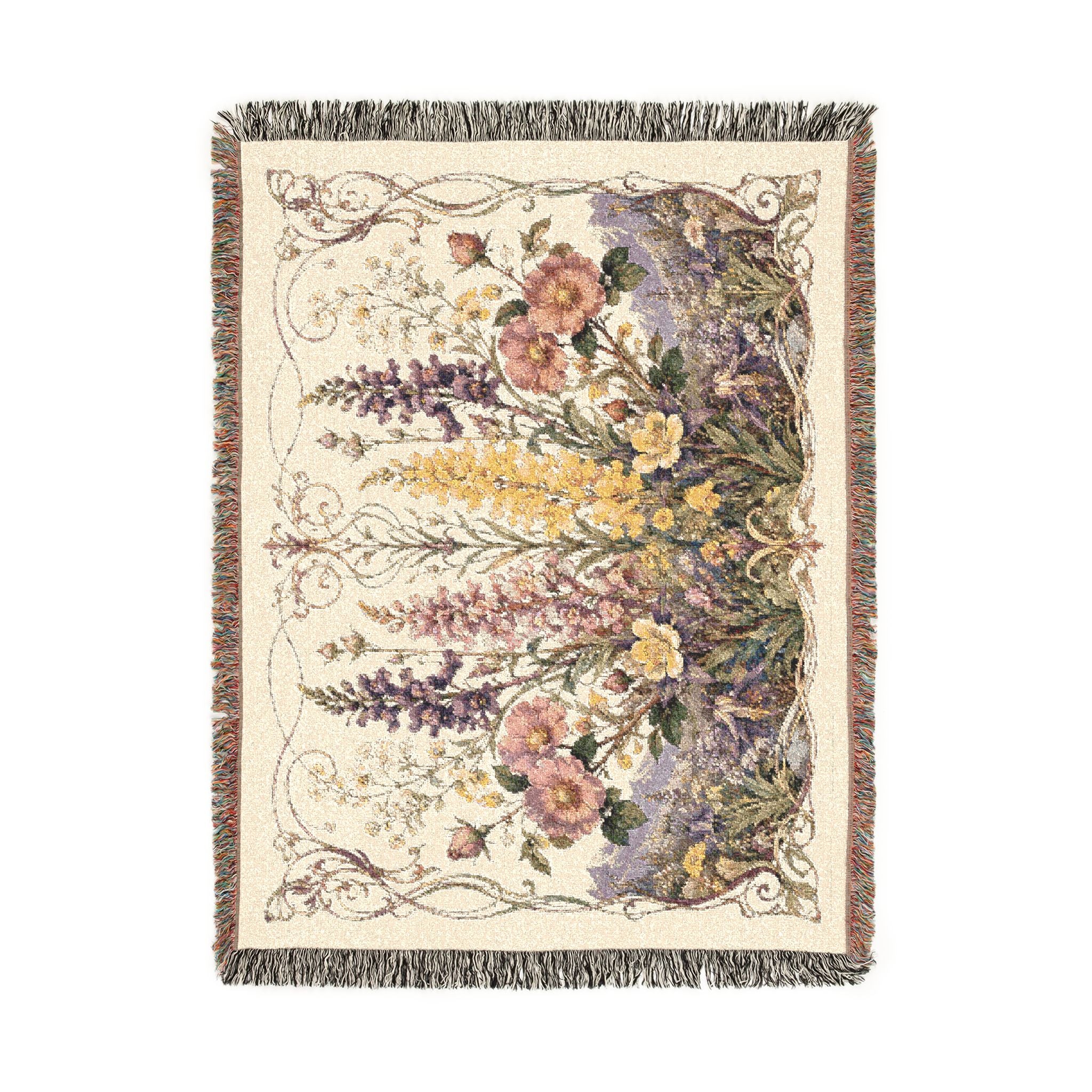 Floral Tapestry Woven Throw Blanket — Vintage Garden Needlepoint Design